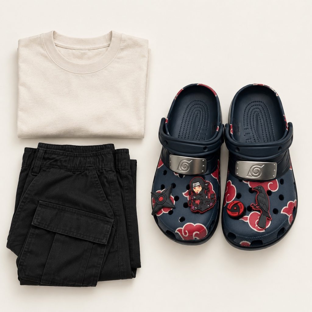 Flat lay of Akatsuki Clogs with outfit basics
