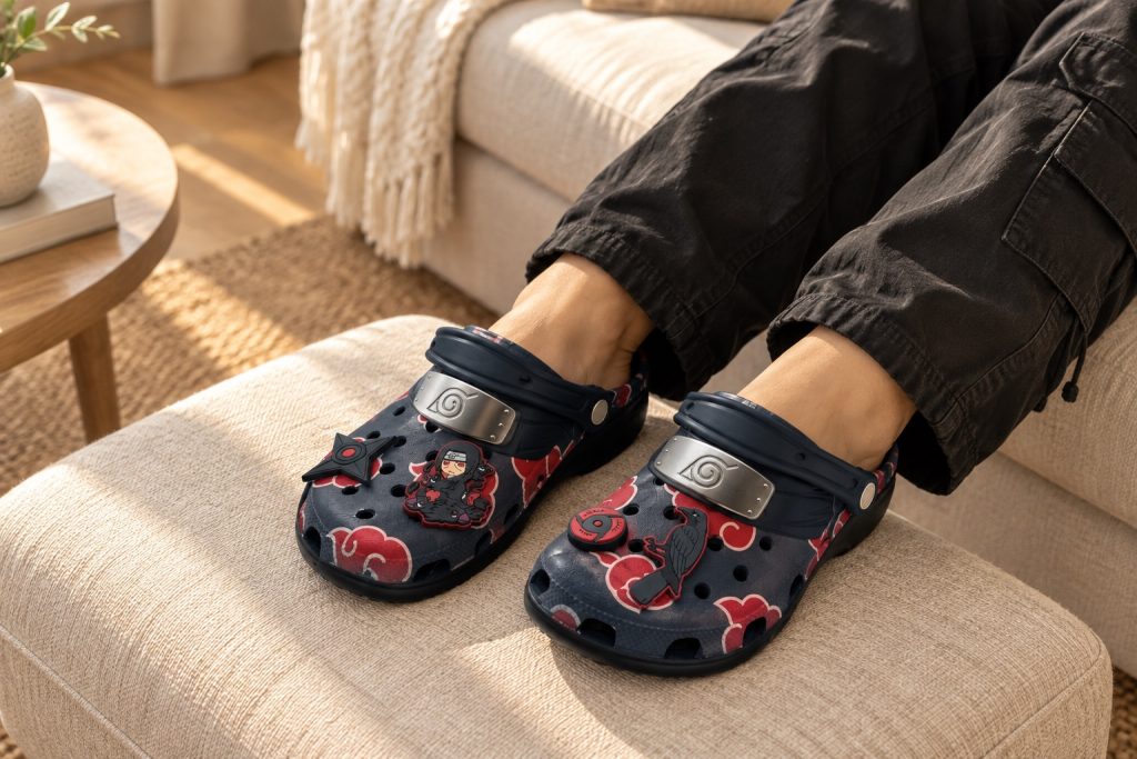 Akatsuki Clogs worn at home, relaxed on a sofa