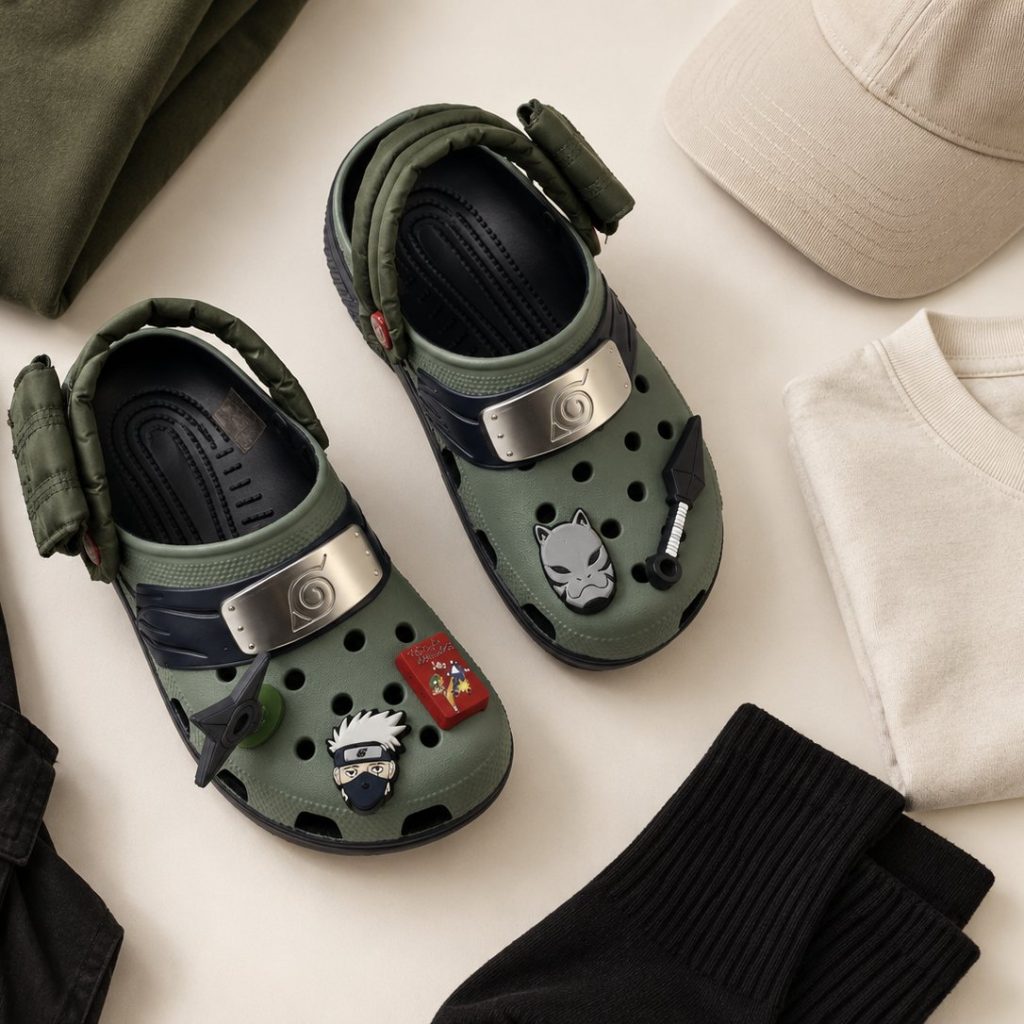 Flat lay of Kakashi Clogs with outfit basics
