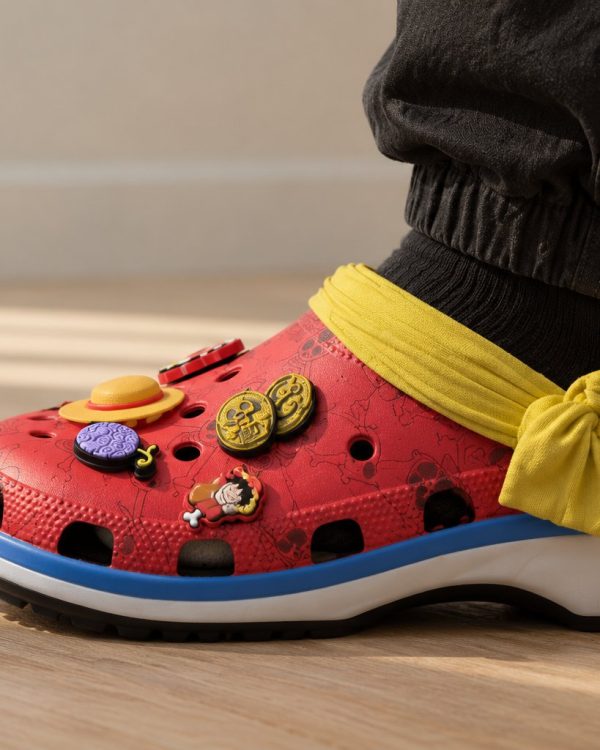 Side view of a foot wearing Luffy Clogs