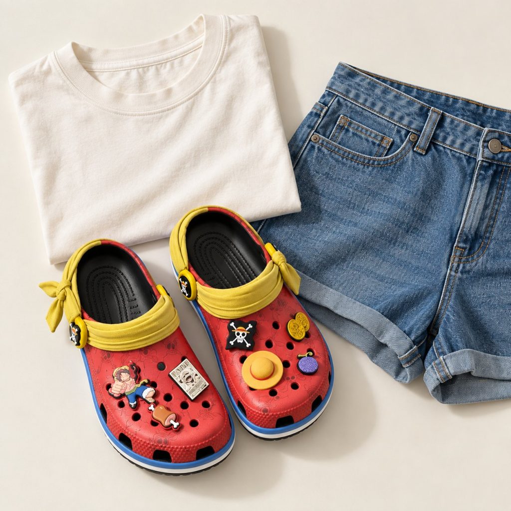 Flat lay of Luffy Clogs with outfit basics