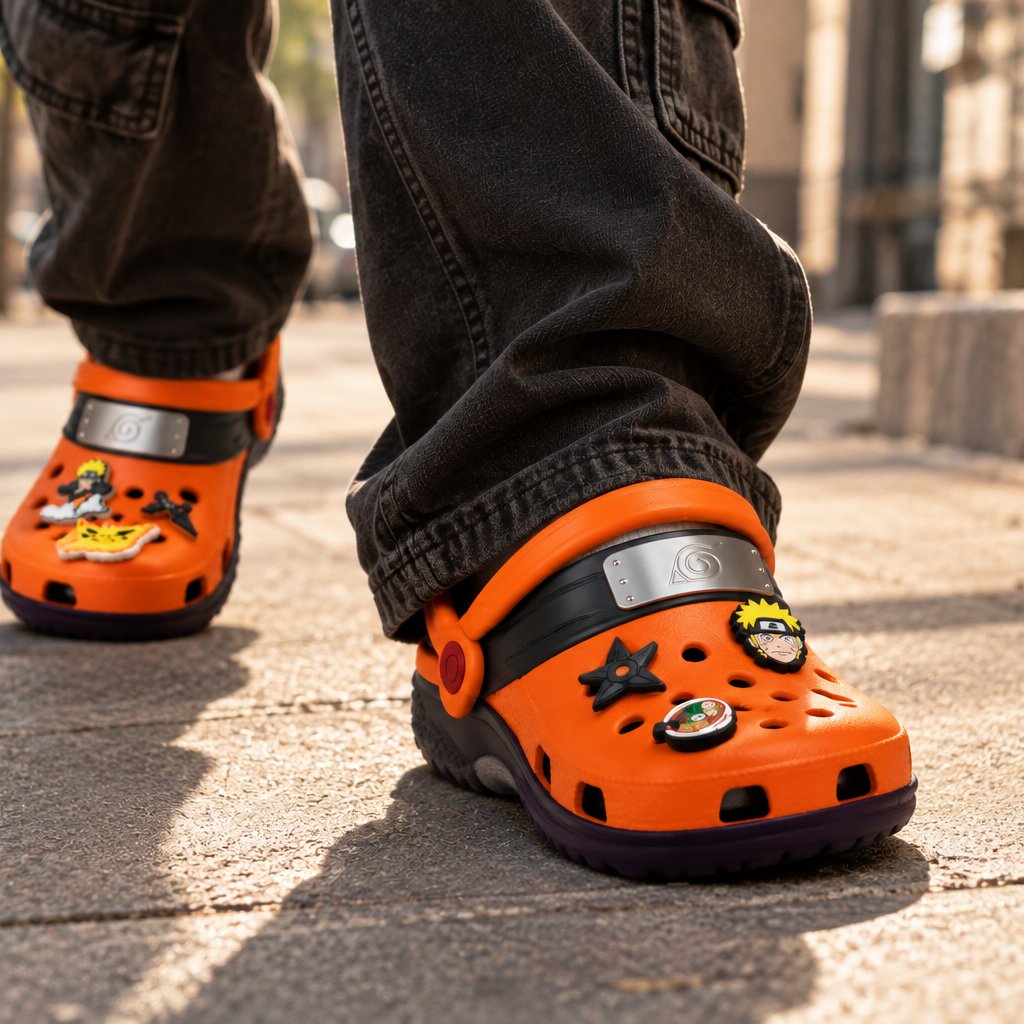 Naruto Clogs worn with a casual outfit