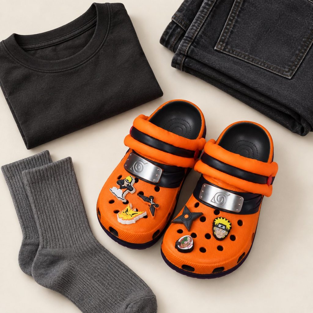 Flat lay of Naruto Clogs with outfit basics