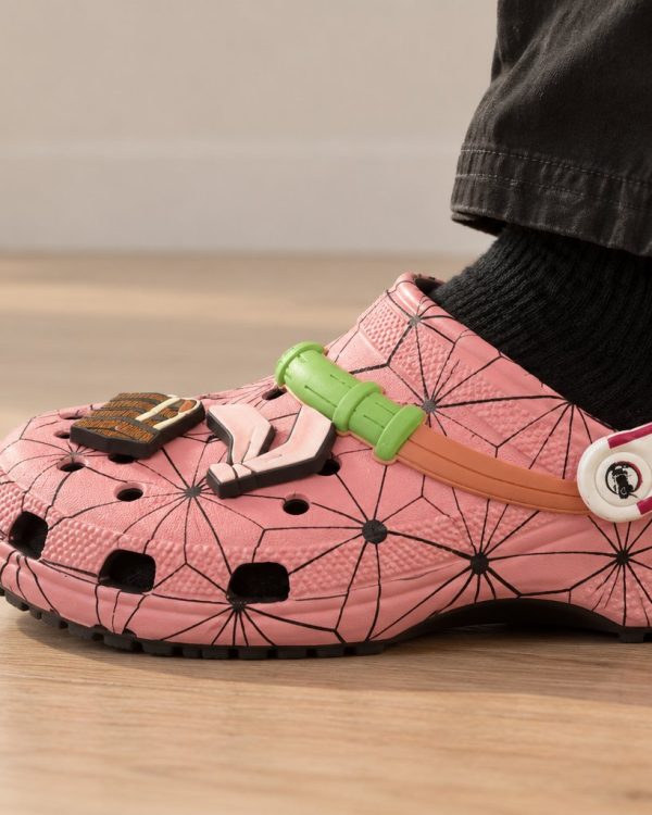 Side view of a foot wearing Nezuko Clogs