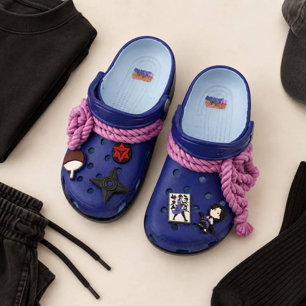 Flat lay of Sasuke Clogs with outfit basics