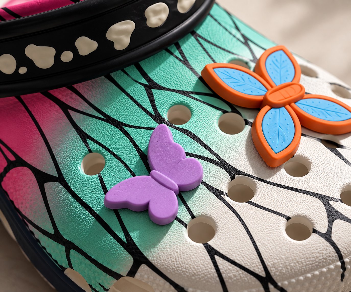 Macro view of the Shinobu Clogs surface and print