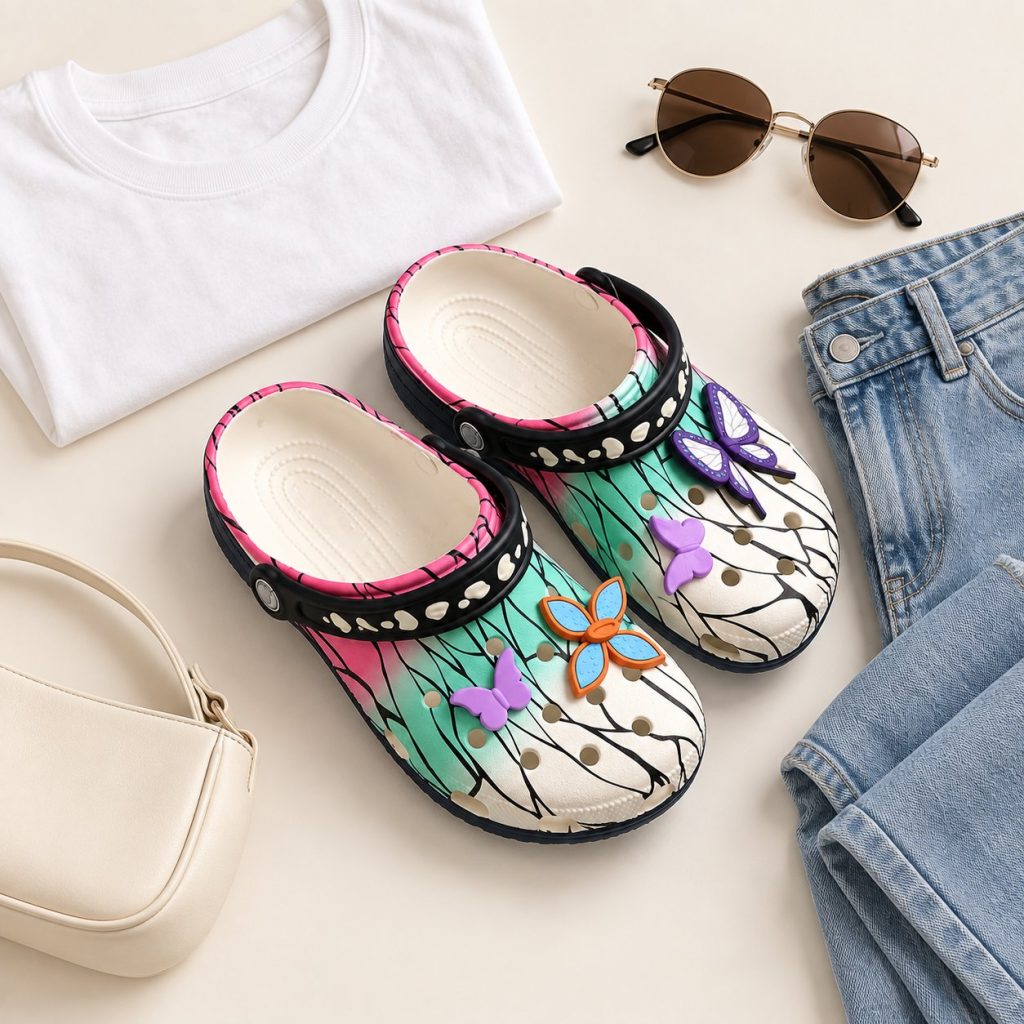 Flat lay of Shinobu Clogs with outfit basics