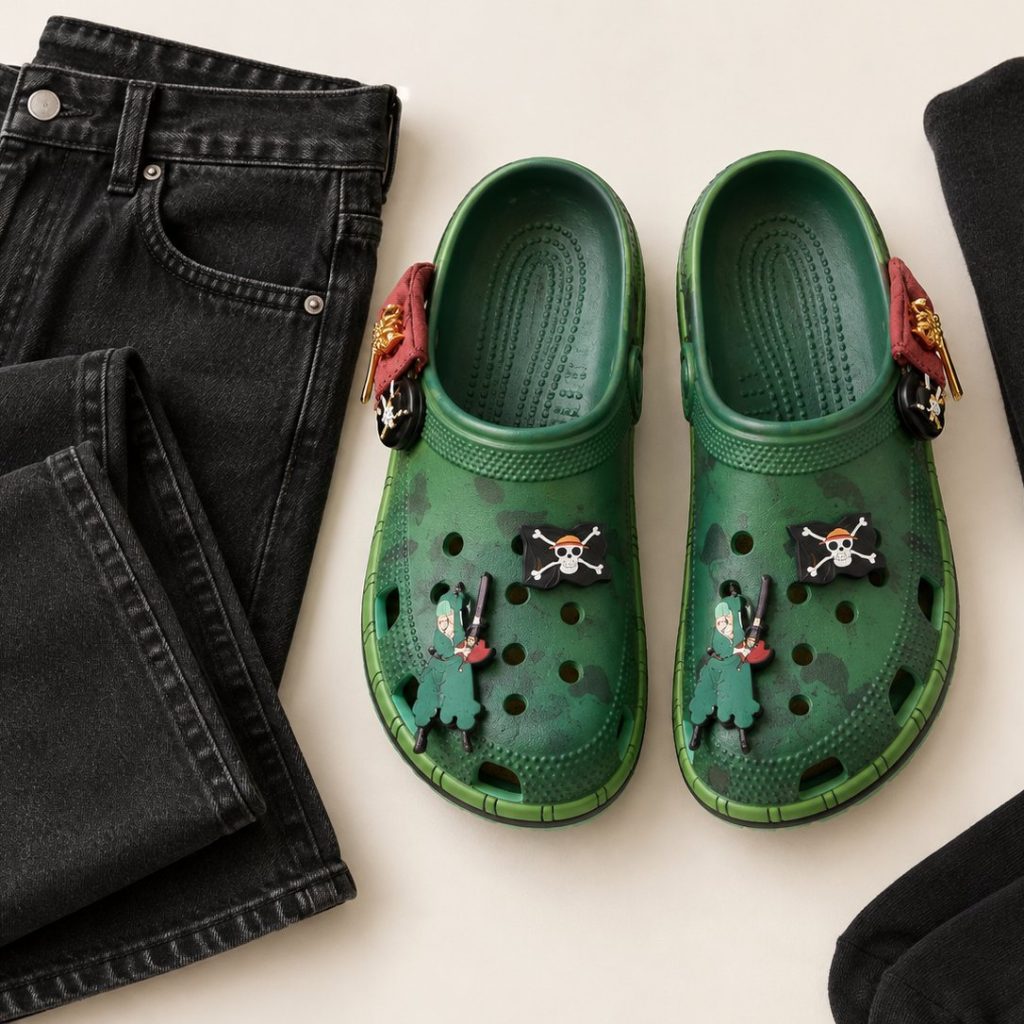 Flat lay of Zoro Clogs with outfit basics